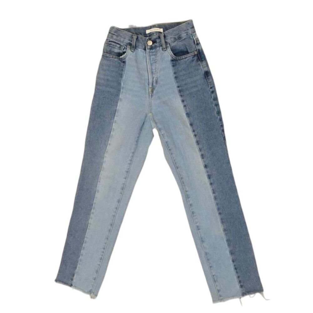 PacSun High Rise Straight Leg Two Tone Jeans Colorblock Denim Raw Hem Size 23